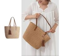 Grass Weave Tote Bag for Women - Fashion Straw tote with PU Leather Trim, Casual Everyday Use Large Capacity, Woven Summer Beach Bag for Shopping, Travel and Outings (1PC)