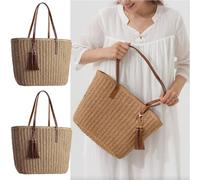 Grass Weave Tote Bag for Women - Fashion Straw tote with PU Leather Trim, Casual Everyday Use Large Capacity, Woven Summer Beach Bag for Shopping, Travel and Outings (2PCS)