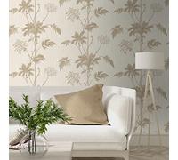 Grasscloth Textured Floral Palm Leaves Vinyl Wallpaper Cream/Gold/Metallic - Belgravia 2913