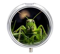 Grasshopper on Grass Pill Box 3 Compartment Travel Pill Organizer 3 Times A Day Cute Mini Pill Case for Purse & Pocket Portable Metal Medicine Box with Mirror Round Daily Medicine Vitamin Container