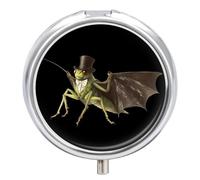Grasshopper Wearing Top Hat and Tie Cute Travel Pill Organizer Portable Small Round Medicine Case Box for Pocket Purse