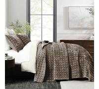 Grassix Luxury Velvet Quilt Set King Size, 3 Pieces Lightweight Velvet Comforter with Pillow Shams, Geometric Quilted Bedspread Coverlet Bedding Set for All Seasons, Mocha Brown, 108"x96"
