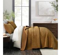 Grassix Velvet Quilt Set King Size - Luxury Cozy Velvet Quilt Bedding Set, Lightweight Velvet Comforter for All Season, Cross Stitch Coverlet Bedspreads with 2 Shams, Gold Caramel