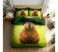 Grassland Animals Capybara Duvet Cover Set 230 x 220 cm for Adult Kids Teens Bedroom Decor, Green Print Bedding Set 3 Piece with 2 Pillowcase - Soft Microfiber Duvet Cover King Size