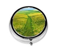 Grassland Paths A Round Mini Pillbox with Three Compartments for Storing Vitamins, Fish Oil, and Nutritional Supplements.