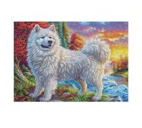 Grassland Smiling Samoyed 300 Piece Count Premium Jigsaw Puzzle Canine Sunset Grass Teen Fans 14-18 Yrs Brain Training Ultra Difficult Leisure Adventure Valentines Wooden Cardboard 300 PCS