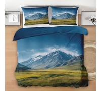 Grassland Super King Duvet Cover Set, Snow Mountain Soft Microfiber Bedding with Pillow Cases, Natural Landscape Quilt Cover Easy Care, Blue Green Gray Duvet Cover with Zipper, 260x220cm