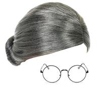 GrassVillage Grey Straight Granny Wig and Glasses Set - Synthetic Costume Accessory for Book Week, World Book Day, Fancy Dress, School Events, Theatre, Parties & Cosplay