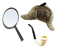 GrassVillage Sherlock Holmes Fancy Dress 3pc Accessory Set Deerstalker Hat + Magnifying Glass + Victorian Look Pipe Detective Kit