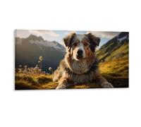 Grassy Hill with Mountain Wall Decor Poster, Australian Shepherd Dog Framed Canvas Wall Art for Bathroom Kid's Room, Funny Autumn Landscape Artworks, Thanks Giving Gifts, 30x60CM