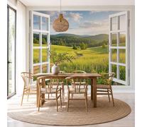 Grassy Slopes Wildflowers Paths Wall Mural Healing Pastoral Window View Photo Wallpaper, Greenery Silk Mural Wallpaper for Living Room Bedroom TV Sofa Background Art Decor Photo Wall Paper 350x256cm