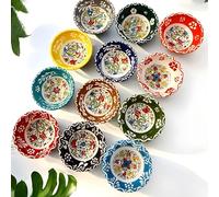 GRAT Turkish Ceramic Bowls, Set of 12, Hand-Decorated Kütahya Style, Glazed Mezze Dip Bowls, Assorted Colours, Traditional Çini Motif