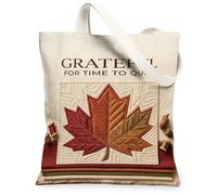 Grateful Autumn Maple Leaf Quote Canvas Tote Bag 13x15 Inch | Quilted Maple Leaf Motif, Sewing Hobby Theme, Warm Harvest Color Palette, Gratitude Sentiment, Rustic Artisan Aesthetic