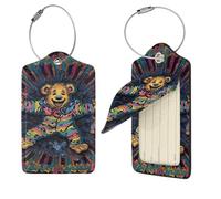 Grateful Dancing Bear Luggage Tag for Suitcase PU Leather Suitcase Tag with Stainless Steel Loop and Address Card Baggage Tags Cute Bag Name Travel Tags ID Labels for Women Men 2 PCS