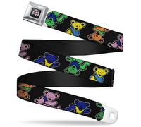 Grateful Dead Belt, Seatbelt Buckle Belt, Grateful Dead Dancing Bears Close Up Black Multi Color, Adjustable, Black, Blue, Green, Yellow, 1.5" Wide - Fits Pant Size 32-52