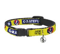 Grateful Dead Cat Collar, Breakaway Collar with Bell, Grateful Dead Text Box and Steal Your Face Logo Yellow/Blue, 8.5 to 12 Inches 0.5 Inch Wide