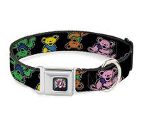 Grateful Dead Pet Collar, Dog Collar Metal Seatbelt Buckle, Grateful Dead Dancing Bears Close Up Black Multi Color, 13 to 17 Inches 1.5 Inch Wide