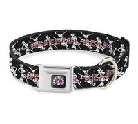 Grateful Dead Pet Collar, Dog Collar Metal Seatbelt Buckle, Grateful Dead Dancing Skeletons and Text Black White Red, 13 to 17 Inches 1.5 Inch Wide