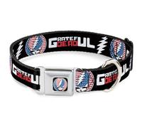 Grateful Dead Pet Collar, Dog Collar Metal Seatbelt Buckle, Grateful Dead Text and Steal Your Face Stars and Stripes Logo, 11 to 16.5 Inches 1.0 Inch Wide