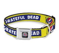 Grateful Dead Pet Collar, Dog Collar Metal Seatbelt Buckle, Grateful Dead Text Box and Steal Your Face Logo Yellow/Blue, 9.5 to 13 Inches 1.0 Inch Wide