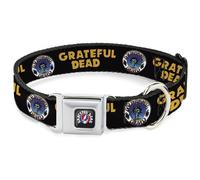 Grateful Dead Pet Collar, Dog Collar Metal Seatbelt Buckle, Grateful Dead Text Skull and Roses Round Logo Black Yellow, 15 to 24 Inches 1.0 Inch Wide