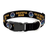 Grateful Dead Pet Collar, Dog Collar Plastic Buckle, Grateful Dead Text Skull and Roses Round Logo Black Yellow, 11 to 16.5 Inches 1.0 Inch Wide