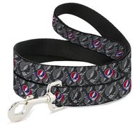 Grateful Dead Pet Leash, Dog Leash, Grateful Dead Text Skull and Roses Round Logo Black Yellow, 4 Feet Long 1.5 Inch Wide
