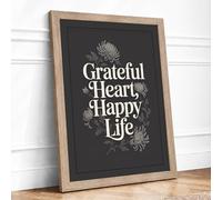 Grateful Heart, Happy Life Typography Framed Wall Art Print A1 (84.1×59.4cm) Oak, Wall Decor for Living Room, Bedroom, Office & Home, Ready to Hang, Art Gift