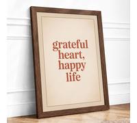 Grateful Heart, Happy Life Typography Framed Wall Art Print A1 (84.1×59.4cm) Walnut, Wall Decor for Living Room, Bedroom, Office & Home, Ready to Hang, Art Gift