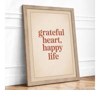 Grateful Heart, Happy Life Typography Framed Wall Art Print A3 (42×29.7cm) Oak, Wall Decor for Living Room, Bedroom, Office & Home, Ready to Hang, Art Gift