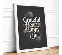 Grateful Heart, Happy Life Typography Framed Wall Art Print A3 (42×29.7cm) White, Wall Decor for Living Room, Bedroom, Office & Home, Ready to Hang, Art Gift