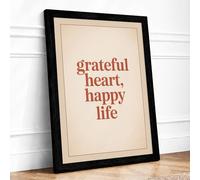Grateful Heart Happy Life Typography Framed Wall Art Print A3 Black