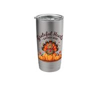 Grateful Hearts Gather Here Cute Thanksgiving Turkey Pumpkin Stainless Steel Insulated Tumbler