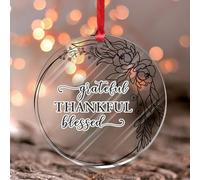Grateful Thankful Blessed Ornament Keepsake Spring Summer Green Wreath Christmas Tree Ornament Keepsake Holiday Decoration Rustic Clear Round Acrylic Pendant for Friends Coworkers Employees Family
