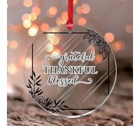 Grateful Thankful Blessed Xmas Ornament Greenery Floral Wreath Hanging Ornaments Keepsake Xmas Party Decorations Hanging Clear Round Acrylic Ornament Pendant for Family Birthday New Year Home
