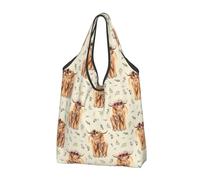GRatka Shopping Bags, Reusable Grocery Bags Foldable Tote Bags Large Carry Bag Washable Highland Floral Cow On Tan