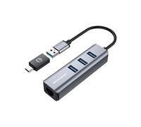 GRAUGEAR 3 Ports USB 3.0 HUB + Gigabit Ethernet LAN RJ45 | USB-C | USB-A | Aluminium Housing | USB Type-C Adapter | USB LAN Adapter | G-HUB31L-A, Grey