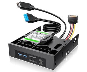 GRAUGEAR 5.25” Front Panel USB Hub, Internal SD/microSD Card Reader for Desktop PC, Gen2x2 20Gbps USB-C Port, Dual 2.5" SSD/HDD Slots, USB3.2 Type-E Key-A & USB3.0 19-Pin Header