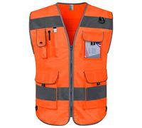 Graunton High Visibility Vest 9 Pockets Reflective Safety Work Vest for Men Women, Hi Vis Construction Vest with Reflective Strips, Meets ANSI/ISEA Standards, (UK-Orange， X-Large)