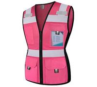 Graunton Women's High Visibility Construction Work Vest - 11 Pockets, Snug-Fit, Zipper Closure - Neon Safety Vest for Lady Contractors/Surveyors/Workers - Durable and Fashionable - Pink, 2XL