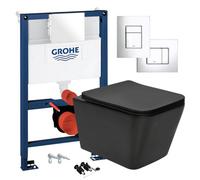 GravaHaus Black Square Hidden Fixation Rimless Wall Hung Toilet Pan & Grohe 0.82M Concealed Wc Cistern Frame