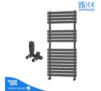 GravaHaus Designer Delta Anthracite Flat Panel Towel Radiator Heated Ladder Rail - 1106 X 500mm - Corner Trv Valve Pair