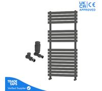 GravaHaus Designer Delta Anthracite Flat Panel Towel Radiator Heated Ladder Rail - 1106 X 500mm - Straight Trv Valve Pair