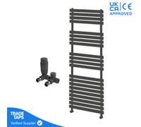 GravaHaus Designer Delta Anthracite Flat Panel Towel Radiator Heated Ladder Rail - 1424 X 500mm - Corner Trv Valve Pair