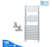 GravaHaus Designer Delta Chrome Flat Panel Towel Radiator Heated Ladder Rail - 1106 X 500mm - Straight Manual Round Valve Pair