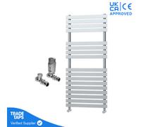 GravaHaus Designer Delta Chrome Flat Panel Towel Radiator Heated Ladder Rail - 1106 X 500mm - Straight Trv Valve Pair