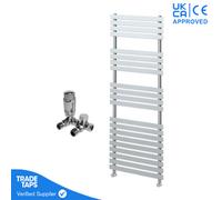 GravaHaus Designer Delta Chrome Flat Panel Towel Radiator Heated Ladder Rail - 1424 X 500mm - Corner Trv Valve Pair