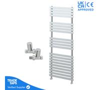 GravaHaus Designer Delta Chrome Flat Panel Towel Radiator Heated Ladder Rail - 1424 X 500mm - Straight Manual Round Valve Pair