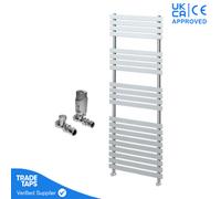 GravaHaus Designer Delta Chrome Flat Panel Towel Radiator Heated Ladder Rail - 1424 X 500mm - Straight Trv Valve Pair
