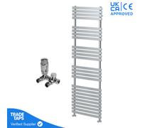 GravaHaus Designer Delta Chrome Flat Panel Towel Radiator Heated Ladder Rail - 1742 X 500mm - Corner Trv Valve Pair